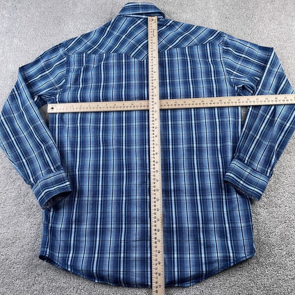 Panhandle Shirt Mens Medium Blue Plaid Western Pearl Snap Cowboy Rough Stock - Picture 7 of 12